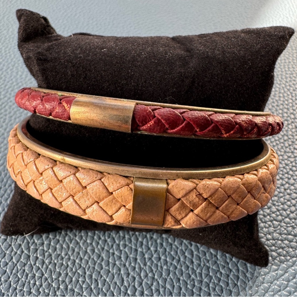 Braided Leather Bangle Set in Burgundy and Tan